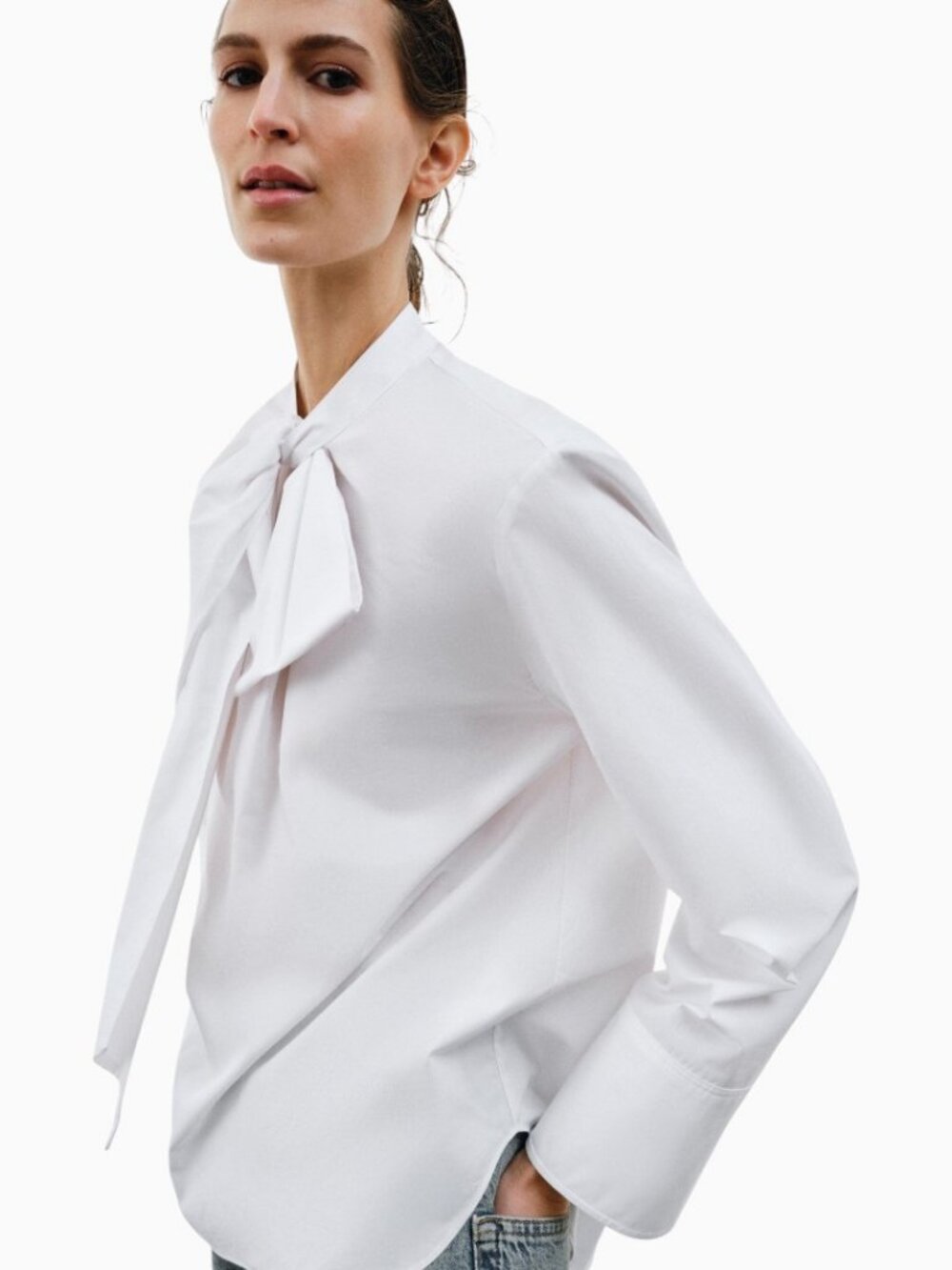 NWT ZARA WOMAN ZW COLLECTION TIED POPLIN SHIRT WHITE LONG SLEEVE  SIZE M